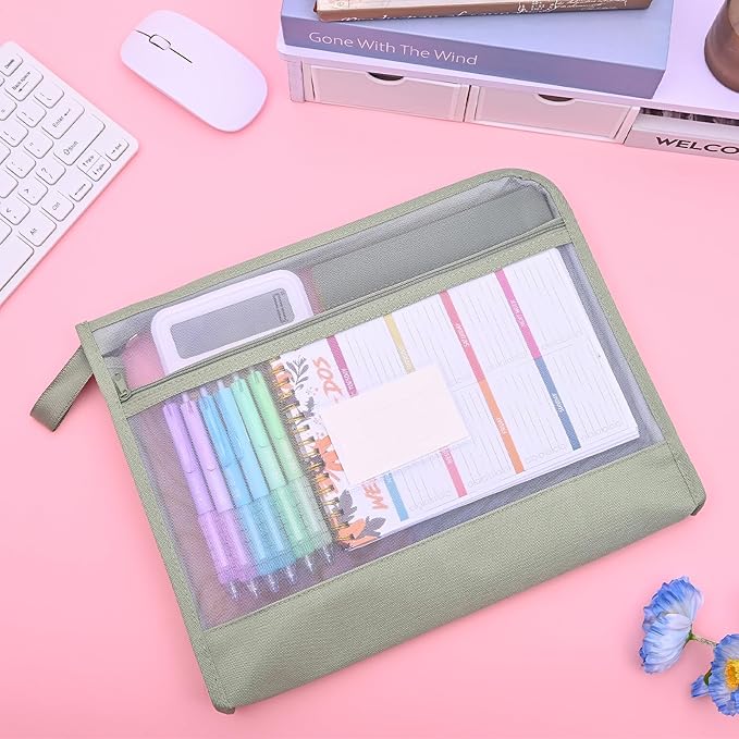 Mesh Zipper Pouch Bag with Handle, A4 Sized Double-Layer Clear Nylon Document Bags with Label, 14 x 10 in File Puzzle Storage Organizer for School Office Travel Supplies (Green)