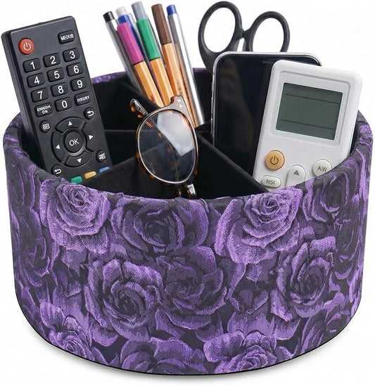 Remote Control Holder, 360°Spinning PU Leather Desk TV Remote Caddy,Desk Storage Box Room Accessories for Controller, Media,Mail,Calculator, Mobile Phone,Pencil(1-B3D Purple)