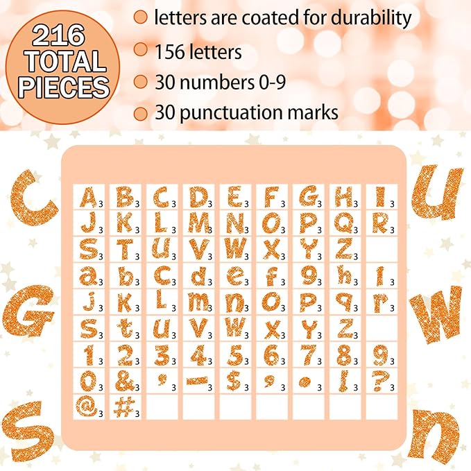 Colarr 216 Pcs Glitter Bulletin Board Letters for Classroom Number Alphabet Punctuation Symbol Cutout 4'' Die-Cut Poster Letter with Adhesive Dot School Party Holiday Decor Display(Orange)