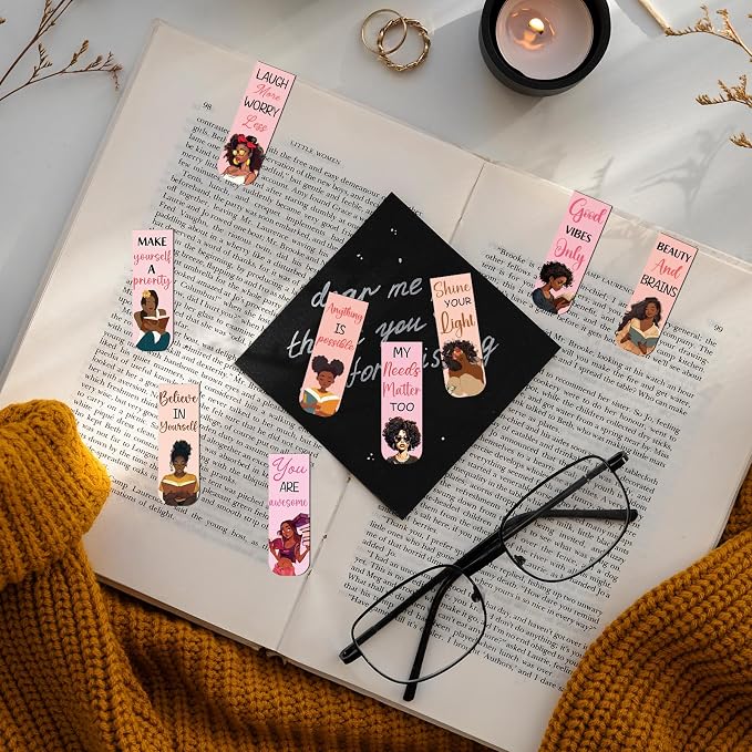 Black Girl Magnetic Bookmark - 12 PCs Inspirational Book Marks for Women Bulk Unique Aesthetic Page Markers Bookish Gifts Reading Lovers Readers Student Teacher Birthday School Accessories