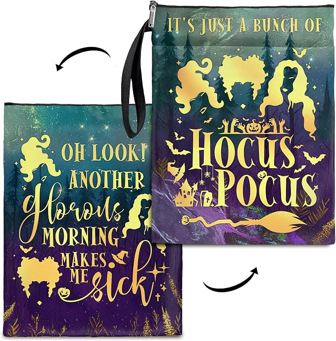 Hocus Pocus Book Cover, Waterproof Book Sleeve with Zippered Front Pocket Retro Flowers Book Pouch for Book Lovers, Christmas, Birthday, Graduation Gifts (Purple&Green, Large)