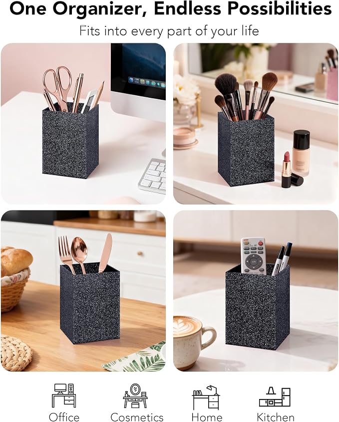 Black Glitter Acrylic Pen Holder, Acrylic Makeup Brush Storage Organizer, Pencil Pen Holder for Desk, Modern Desktop Accessories for Office School Home Supplies
