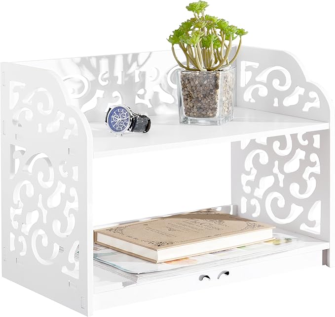 MyGift 2 Tier Vintage White Desktop Bookshelf Organizer Display Stand with Scrollwork Cut Out Design for Home Office Desk, Living Room, Bedroom
