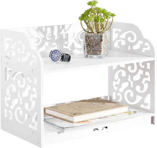 MyGift 2 Tier Vintage White Desktop Bookshelf Organizer Display Stand with Scrollwork Cut Out Design for Home Office Desk, Living Room, Bedroom