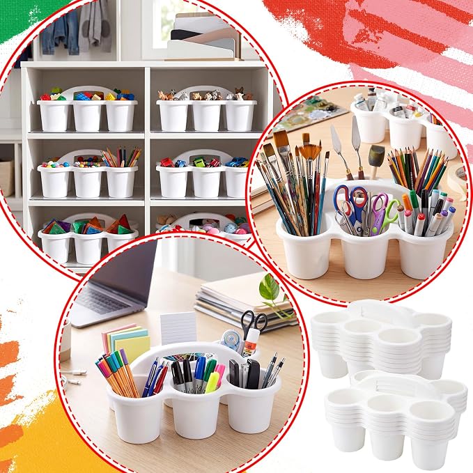 12 Pack Classroom Caddy Organizer with Handle Bulk Plastic Drink Cup Caddy Holder School Storage Supplies with 6 Compartments for Table Crayon Pencil Drink Delivery(White)
