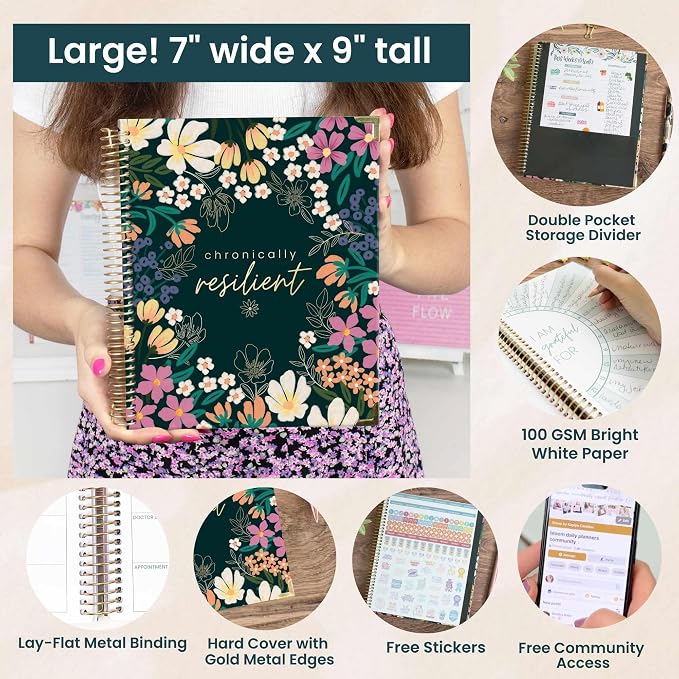 bloom daily planners Undated Chronic Illness Planner & Medical Journal - 12 Month Pain & Symptom Tracker, Mood & Medication Log, Appointment Organizer (7” x 9”) - Chronically Resilient