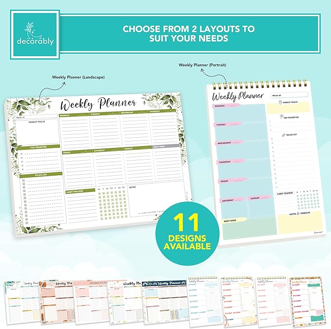 Decorably 52 Sheets Forest Green Undated Weekly Planner Tear Off Pad - 6.5x10in Spring-Bound Desk Notepad, for Focus, Priorities, to-Do List, Habit Tracker, Agenda, Notes - Home, School, Office