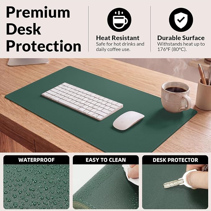 AFIING Cork Desk Mat, Dark Green, 23.6" x 13.7", Desk Pad Protector | Dual-Sided Cork & PU Leather, Non-Slip & Waterproof, Ideal for Laptop, Mouse & Small Desks