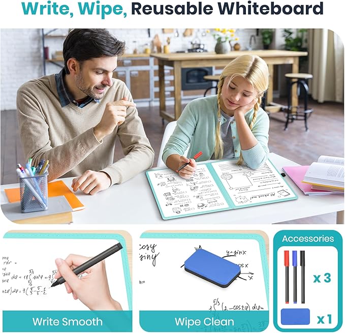 WALGLASS Double-Sided Small White Board Dry Erase, 12'' x 9'' Portable Reusable Whiteboard Notebook, Foldable Mini Handheld Board for Students Practice, Home, School, Office, Travel - Blue PU Leather