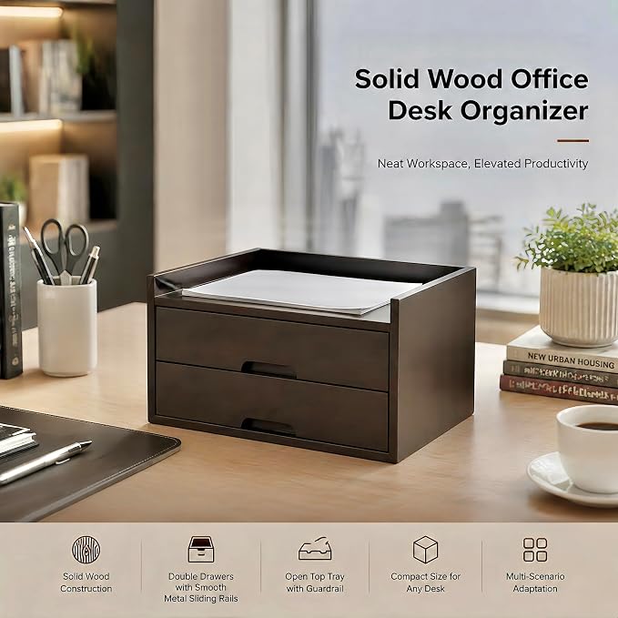 Solid Wood Desk Organizer with Drawers, Wooden Desk Storage Organizer with Smooth Slides, Filing A4 Paper File Organizer for Home Office, Bedroom & Makeup, Fully Assembled, Walnut Finish