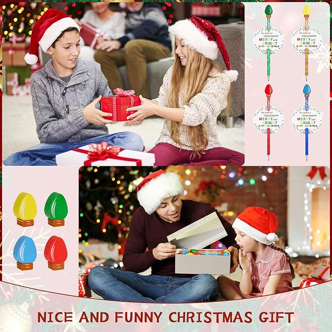 96 Sets Easter Pencils with Bulb Eraser Toppers Merry Bright Cards Mini Lightbulb Erasers Multicolor Tiny Erasers for Prizes Rewards Back to School Gift