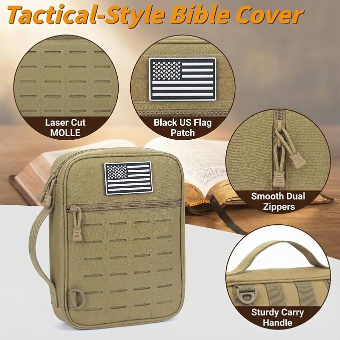 Tactical Bible Cover for Men, Large Bible Case with Shoulder Strap & US Flag Patch, Water Resistant Bible Carrier Bag with Handle, Multi Pockets for Church Study & Travel（Brown）