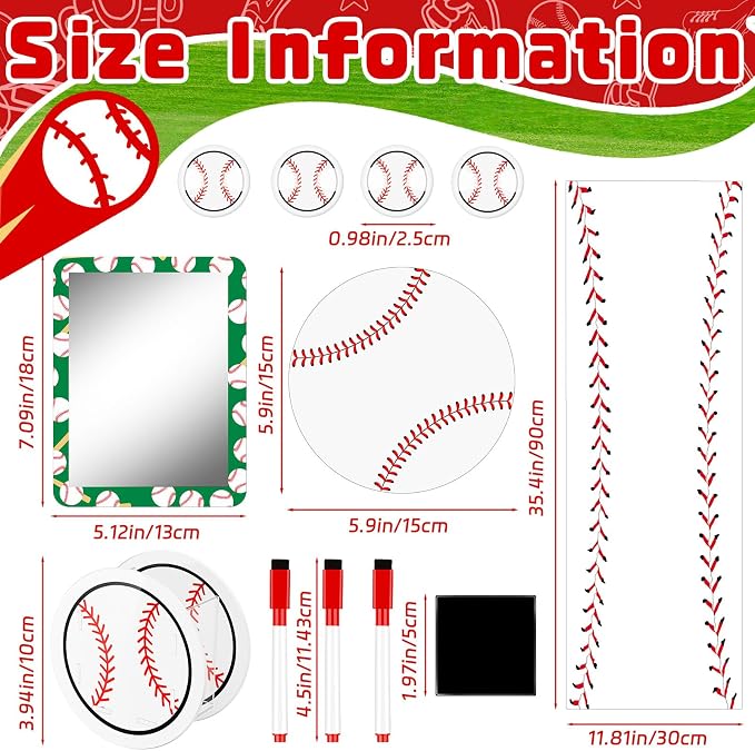 Demonwer 12 Pcs Locker Accessories Kit Baseball Themed Magnetic Whiteboard Mirror Pen Holder Baseball Stickers for Back to School Essentials Locker Decorations