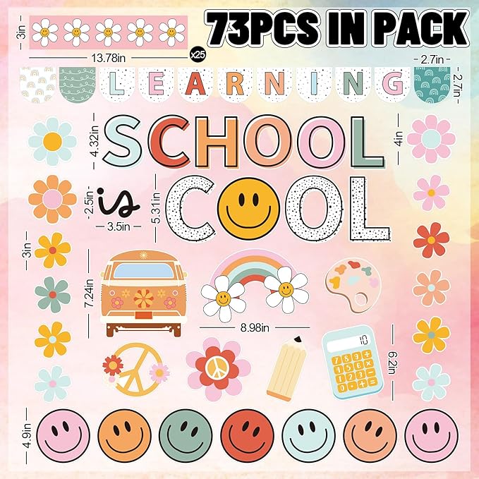 JarThenaAMCS 73 Pcs Retro Groovy Bulletin Board Decoration Set Boho Smile Flower Theme School is Cool Paper Cutouts with 200 Pcs Glue Points for Back to School Home Party Classroom Wall Door Decor