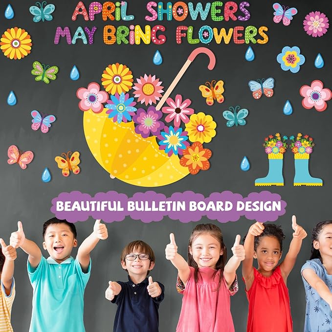 Qyeahkj April Showers Bring May Flowers Decorations Set Spring Theme Flower Bulletin Board Cutouts Colorful Paper Cut Outs for Easter Spring School Classroom Whiteboard Home Party Decor Supplies