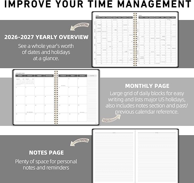 Monthly Planner Jan 2026 - Dec 2027, Monthly Planner for 24 Monthes, 9×11 Inch, Teacher Monthlys, Hard PVC Cover, Spiral Bound, Time Management Calendar, Perfect for School & Office (Black)