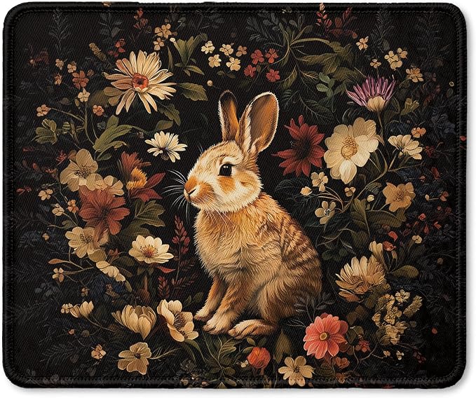 Vintage Floral Bunny Mouse Pad, Gifts for Bunny and Rabbit Lovers, Dark Cottagecore Moody Flower Rabbit Mouse Pad for Home Office Computer Gaming Desk Essentials, 9.5x7.9 Inch