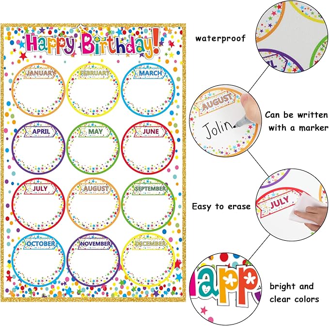 Wiooffen Happy Birthday Chart for Classroom, 2Pcs Birthday Poster Decoration 17’’ x 12’’ Colorful Dots Birthday Cake Calendar Cutouts for School Bulletin Board, Chalkboards, Wall Decor