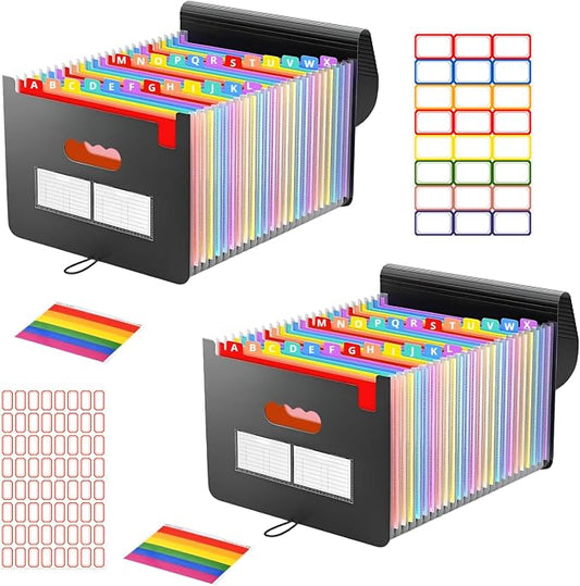25 Pockets Accordion File Organizer 2 Packs Desktop Expanding File Folders with Colorful tabs for Paper Receipts, Bills&Taxes Organizer, Letter/A4 Size Document Holder for School, Office, Home