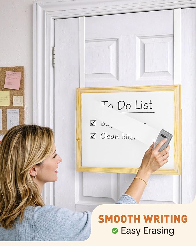 Bulado Over the Door Whiteboard, 16"x12" Wooden Dry Erase Board with 2 Hanging Rods, Small White Board for Door, Cubicle Whiteboard for Home, Office, Dorm, No Drills