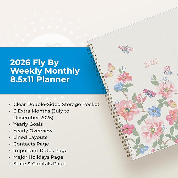 Blue Sky 2026 Weekly and Monthly Planner Calendar, January 2026 - December 2026, 8.5" x 11", Flexible Cover, Laminated Tabs, Durable Twin Wire Binding, Storage Pocket, Fly By
