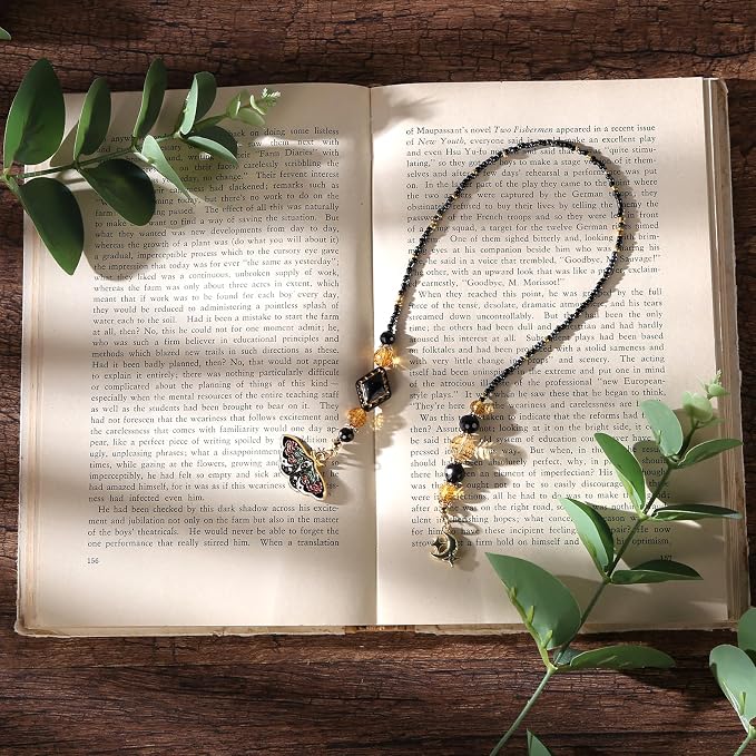 Vintage Moth Moon Beaded Bookmark - Gothic Fantasy Beads Book Mark for Women & Men, Unique Dark Academia Accessories Bookish Gifts for Booklovers Students Teachers