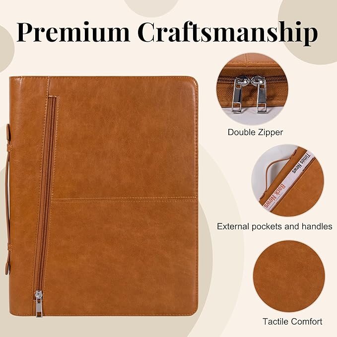 Calfinder Leather Padfolio Portfolio Binder, Zippered Padfolio with Handle for Men Women, A4 Letter Size Business Binder, Padfolio Folder Organizer for Interview Notebook Tablet