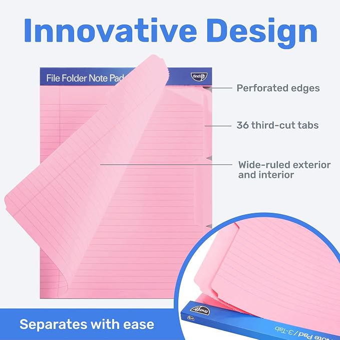 Find It File Folder Notepad - Pack of 36-9.5 x 12.5 Inch Notebook Organizer Folders for Filing, Document, and Clipboard Organization - Pink