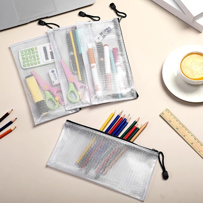 Sherr 120 Pcs Mesh Zipper Pouch A6 Pencil Pouches Bulk Small Clear Mesh Bags with Zipper 9.45'' x 4.53'' Waterproof File Bag Pencil Case for School Office Travel Organization(White and Black)
