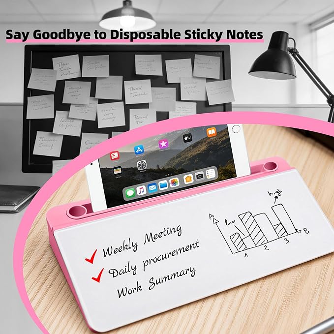 Desktop Whiteboard, Glass Dry Erase Board, Desk Board Buddy,Computer Keyboard Stand,Desk Whiteboard Organizer for Home,Office,School Supplies (Pink)