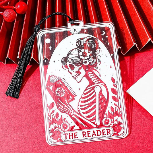 1Pc Translucent Gothic Skull Bookmarks for Women Readers - “Reader” Themed Acrylic Bookmark with Tassel for Nurses, Retirees, Men Gifts, Book Page Accessories, Reading Markers (Women Reader)