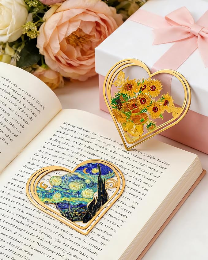 6pcs Metal Clip Heart Bookmarks for Reading Women,Van Gogh Monet Oil Painting Theme Cute Butterfly Hollow Corner Page Book Marks for Women,Teachers,Students,Reading Accessories for Book Lovers