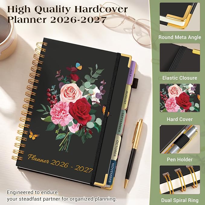 Academic Planner 2026-2027, 18 Months Weekly and Monthly Calendar Planner from July 2026 - December 2027, 7.3" x 10" B5 Large Hardcover Agenda Organizer Book with Tabs, Yearly Daily Planners for School Work Student Teacher, Black Flower