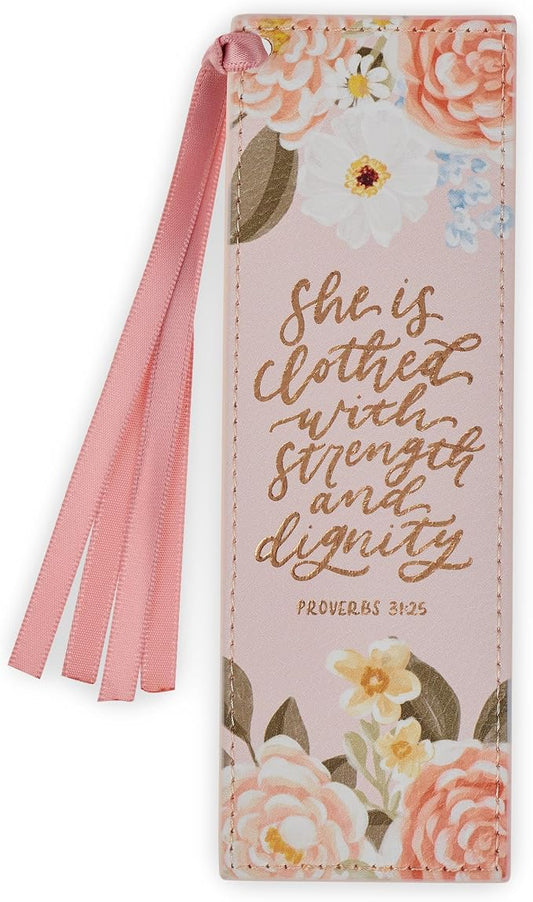 Christian Art Gifts Premium Vegan Leather Inspirational Scripture Bookmark for Women: Strength & Dignity Encouraging Bible Verse, Satin Ribbon, Reading Accessory, Books, Bibles, Pink Multicolor Floral