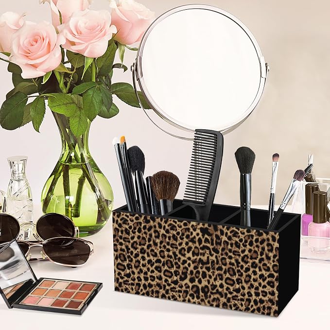Trendy Retro Leopard Print Pen Pencil Holder for Desk, Funky Cheetah Wooden Box Office Desk Accessories, Leopard Print Pen Holders Organizer for Women, Cheetah Room Decor