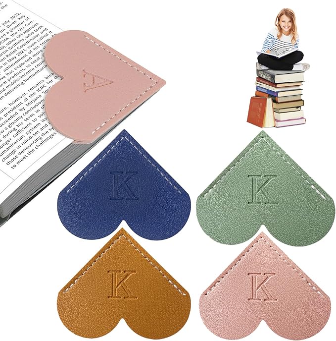 4Pcs Personalized Leather Heart Bookmark With Initial, 26 Letters Custom Corner Page Book Mark For Reading Women, Book Lovers, Teachers, Students, Cute Book Accessories(Blue+Green+Light Brown+Pink, K)