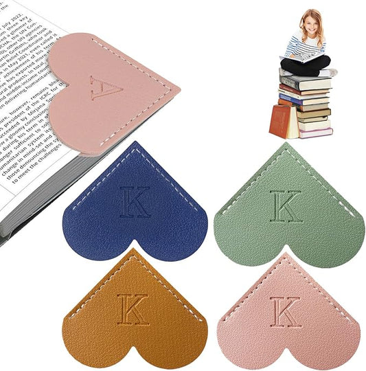 4Pcs Personalized Leather Heart Bookmark With Initial, 26 Letters Custom Corner Page Book Mark For Reading Women, Book Lovers, Teachers, Students, Cute Book Accessories(Blue+Green+Light Brown+Pink, K)