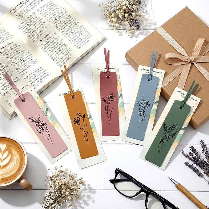 Resurhang 5 Pcs Flower Leather Bookmark for Reading with Rope Card Book Mark for Women Men Kid Floral Page Marker Gift for Book Lover Teacher School Student Bridal Shower Gift Bag(Cute Color)