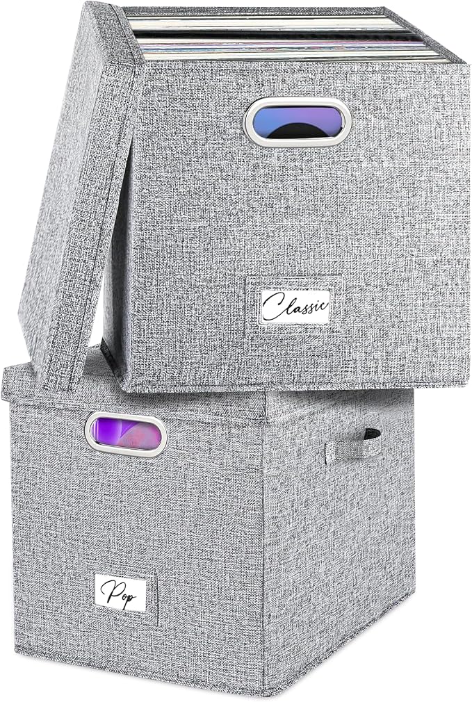 Vinyl Record Storage Box Set of 2 - for 100+ Single LPs (12-Inch), Stackable Albums Linen Crate with Lid, Play Music Collection Holder, Document File Folder Cabinet Organizer Case with Handle