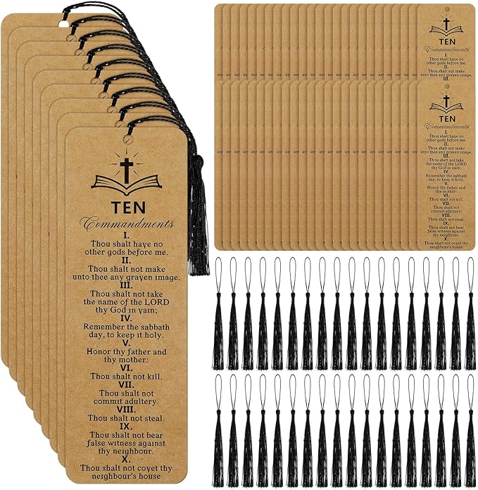 Skyygemm 120 Pcs Ten Commandments Bookmark with Tassel Bible Verse Religious Markers Bulk Christian Retro Kraft Paper Ten Commandments Bookmark Inspirational Church Supplies for Women Men Office