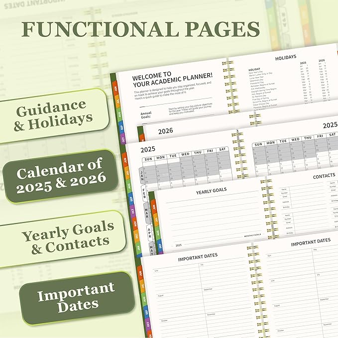 19 Months Planner, 2026 Weekly & Monthly Planner, 8.5"×11" Daily Weekly Monthly Calendar Planner, June 2025-Dec 2026 Organizers with Habit Tracker for School & Office, Colored Tabs, Stickers, Pocket, Ruler Bookmark-Green