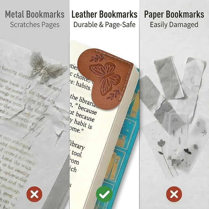 Leather Heart Bookmarks for Reading Women - 6 Pcs Butterfly Embossed Corner Page Bookmarks, Cute Book Marks Gift for Book Lovers Teachers Students Kids, Butterfly Gifts for Women Readers Accessories