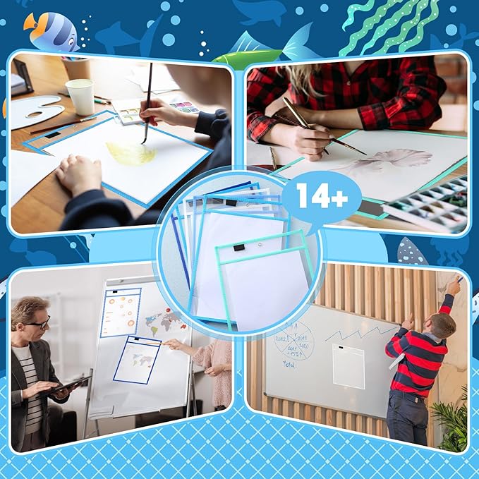 24 Pcs Dry Erase Pocket Reusable Sleeves 10" x 14" Clear Plastic Sheet Protectors with Markers and Mini Dry Erasers for Paper(Ocean Teal)