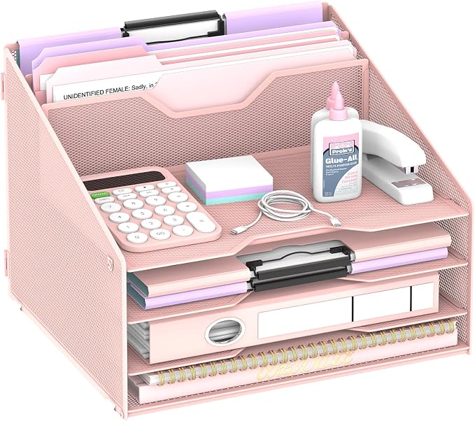 Desk File Organizer, Paper Organizer with 4 Letter Trays and 2 Vertical Upright Sections, Desk Organizers and Accessories for Office, School, Home (Pink)