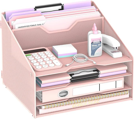 Desk File Organizer, Paper Organizer with 4 Letter Trays and 2 Vertical Upright Sections, Desk Organizers and Accessories for Office, School, Home (Pink)