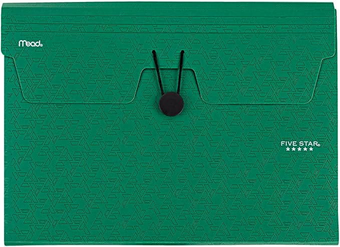 Five Star Expanding File Organizer, 6-Pocket Accordian File Organizer, Bungee Closure, Holds 11" x 8-1/2", Forest Green (350100D-ECM) (Pack of 2)