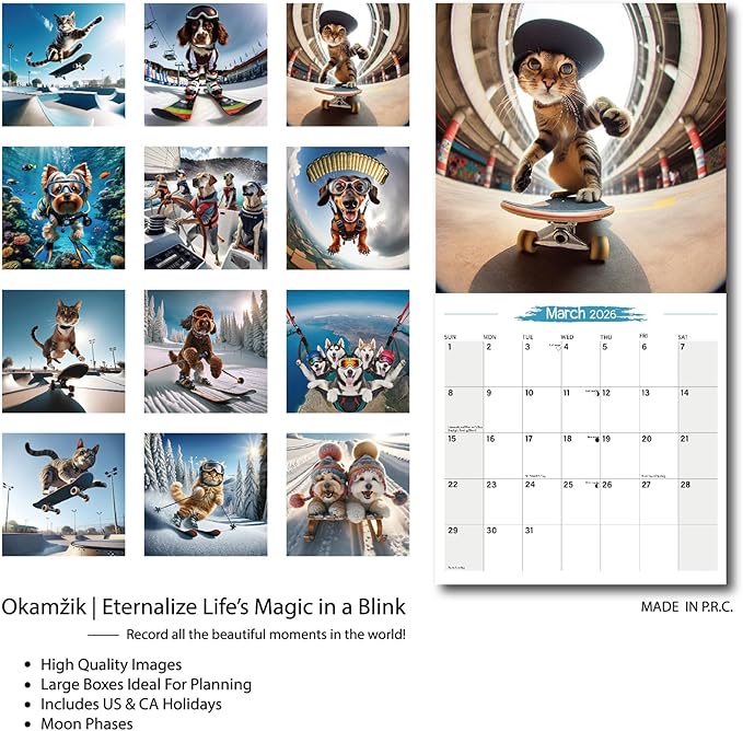 2026 Wall Calendar Extreme Sports Planner Calendar, Hangable Monthly Wall Calendar with Large Blocks for Organizing & Planning, Academic Schedule, Home, Office & family, Thick & Sturdy Paper (12"x24" Open)