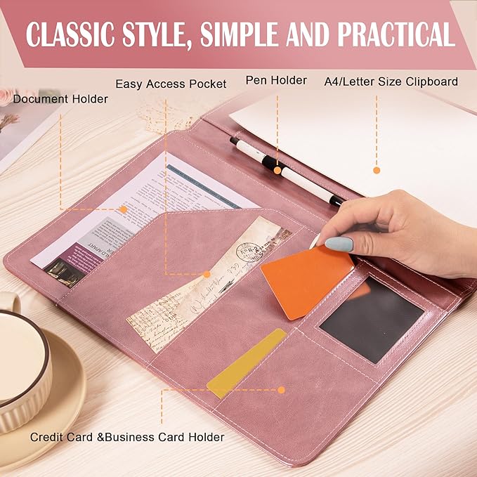 Free Engraved Name,Padfolio Portfolio PU Leather Binder,Interview Resume Folder,Business Card Holder, Organizer with A4 Legal Pads for Men Women(Rosegold,Custom)