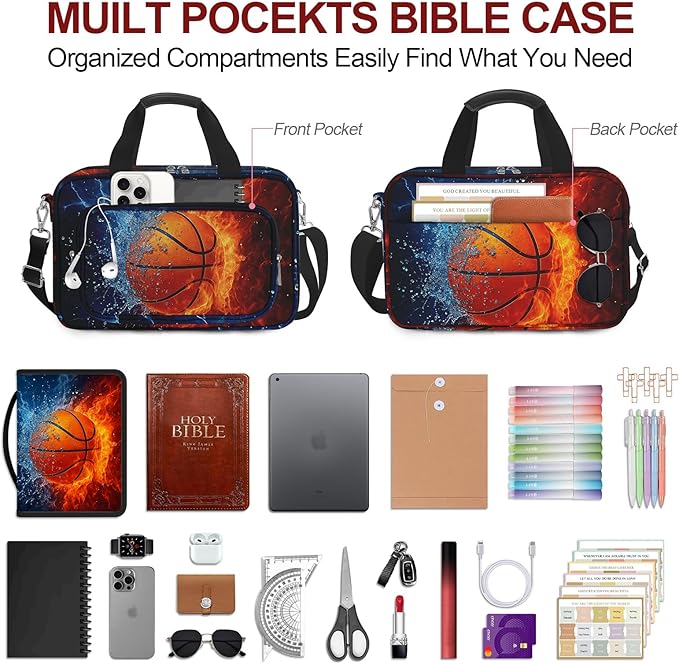 Basketball Bible Cover Case for Boys Kids, Ice Fire Ball Mens Large Bible Bag Book Carrying Case Handle Zipper Pocket, Bible Study Supplies Journaling Kit, Highlighters Tabs Pens Cross Clips