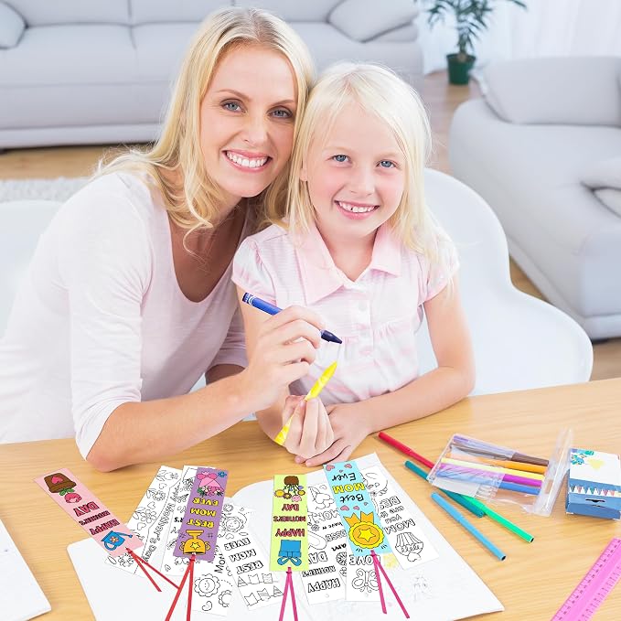 BWkoss Mother's Day Color Your Own Bookmarks for Kids -75Pcs Happy Mother's Day DIY Coloring Bulk Blank Bookmark Classroom Art Craft Supplies for Student Mother's Day Holiday Party Goodie Fillers